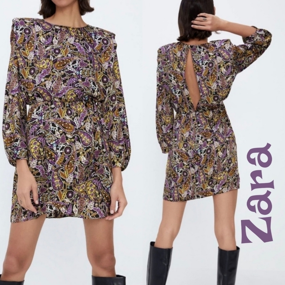 Zara Womens Purple Satin Silky Paisley Mini Dress Sz M With Dramatic Shoulders